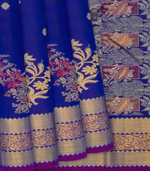 Blue Handloom Kanchipuram Silk Saree With Meena Floral Motifs-Blue