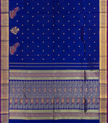 Blue Handloom Kanchipuram Silk Saree With Meena Floral Motifs-Blue