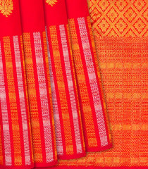 Red Handloom Kanchipuram Silk Saree With Floral Buttas-Red