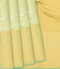 Pista Green Handloom Kanchipuram Silk Saree With Floral Vine Motifs-Pista Green