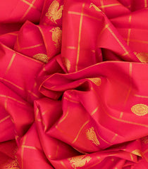 Red Handloom Kanchipuram Silk Saree With Zari Checks & Buttas-Red