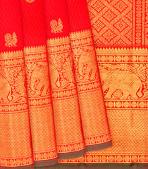 Red Handloom Kanchipuram Silk Saree With Annam Buttas -Red