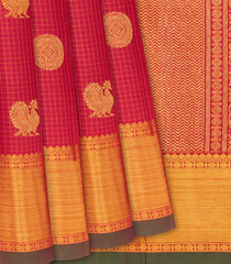 Crimson Handloom Kanchipuram Silk Saree With Annam Motifs & Checks-Crimson