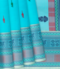 Sky Blue Handloom Kanchipuram Silk Saree With Floral Buttas-Sky Blue