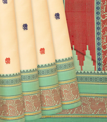 Cream Handloom Kanchipuram Silk Saree With Elephant Buttas-Cream