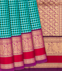 Cyan Handloom Kanchipuram Silk Saree With Checks-Cyan