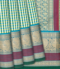 Green Handloom Kanchipuram Silk Saree With Checks-Green