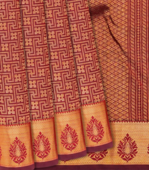 Maroon Handloom Kanchipuram Silk Saree With Swastik Motifs-Maroon