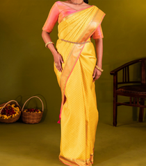 Yellow Handloom Kanchipuram Silk Saree With Meena Kamalam Motifs-Yellow