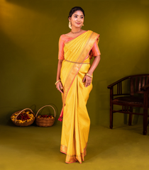 Yellow Handloom Kanchipuram Silk Saree With Meena Kamalam Motifs-Yellow