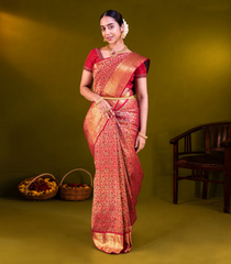 Crimson Handloom Kanchipuram Silk Saree With Meena Floral Motifs-Crimson