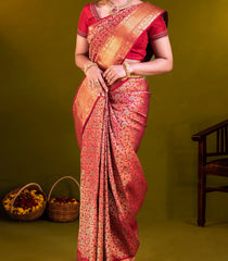 Crimson Handloom Kanchipuram Silk Saree With Meena Floral Motifs-Crimson