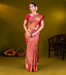 Crimson Handloom Kanchipuram Silk Saree With Meena Floral Motifs-Crimson