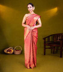 Red Handloom Kanchipuram Silk Saree With Floral Vine Motifs-Red