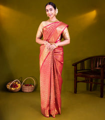 Red Handloom Kanchipuram Silk Saree With Floral Vine Motifs-Red