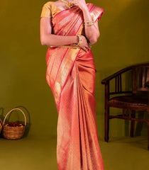 Crimson Handloom Kanchipuram Silk Saree With Kamalam Motifs-Crimson