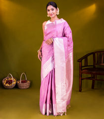 Lavender Handloom Kanchipuram Silk Saree With Kamalam Motifs-Lavander