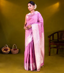 Lavender Handloom Kanchipuram Silk Saree With Kamalam Motifs-Lavander