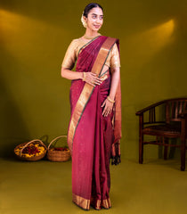 Maroon Handloom Kanchipuram Silk Saree With Kamalam Buttas-Maroon