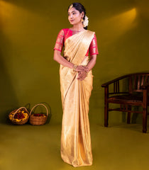 Gold Handloom Kanchipuram Tissue Silk Saree With Vanasingaram Motifs-Gold