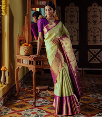 Cardamom Green Handloom Kanchipuram Korvai Silk Saree With Beldari Checks-Cardamom Green