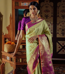 Cardamom Green Handloom Kanchipuram Korvai Silk Saree With Beldari Checks-Cardamom Green