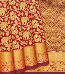 Maroon Handloom Kanchipuram Silk Saree With Annam & Elephant Motifs-Maroon