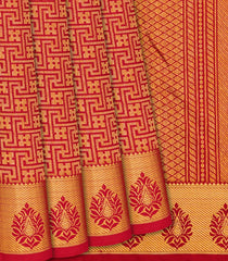 Crimson Handloom Kanchipuram Silk Saree With Swastik Motifs-Crimson