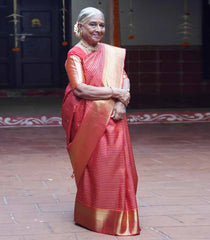 Red Handloom Kanchipuram Silk Saree With Stripes-Red