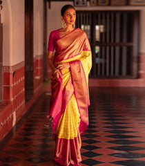 Yellow Handloom Kanchipuram Korvai Silk Saree With Annam Chakaram Motifs-Yellow