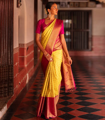 Yellow Handloom Kanchipuram Korvai Silk Saree With Annam Chakaram Motifs-Yellow