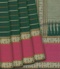 Bottle Green Handloom Kanchi Cotton Saree With Stripes & Ganga Jamuna Border-Bottle Green