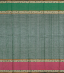 Bottle Green Handloom Kanchi Cotton Saree With Stripes & Ganga Jamuna Border-Bottle Green