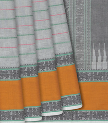 Grey Handloom Kanchi Cotton Saree With Beldari Stripes & Ganga Jamuna Border-Grey