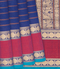 Blue Handloom Kanchi Cotton Saree With Beldari Stripes-Blue