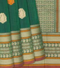 Green Handloom Kanchi Cotton Saree With Mango Motifs-Green