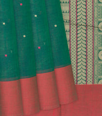 Leafy Green Handloom Kanchi Cotton Saree With Button Motifs-Leaf Green