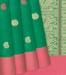 Green Handloom Kanchi Cotton Saree With Mango Motifs-Green