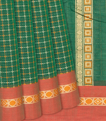 Green Handloom Kanchi Cotton Saree With Dotted Checks-Green