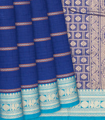 Blue Handloom Kanchi Cotton Saree With Beldari Stripes-Blue