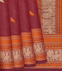 Crimson Handloom Kanchi Cotton Saree With Parrot Buttas-Crimson