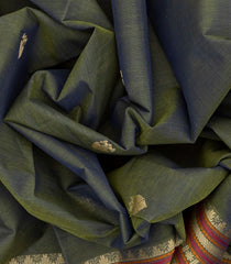 Dark Green Handloom Kanchi Cotton Saree With Gandaberunda Buttas-Dark Green