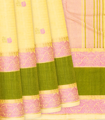 Light Yellow Handloom Kanchi Cotton Saree With Checks & Buttas-Yellow