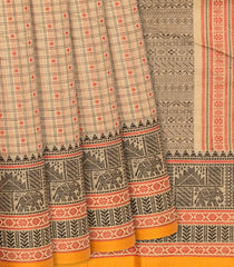 Beige Handloom Kanchi Cotton Saree With Checks & Buttas-Beige