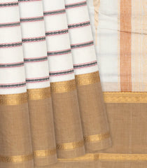 White Handloom Kanchi Cotton Saree With Stripes-White