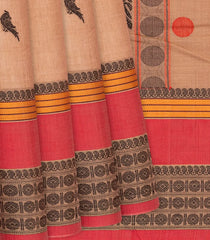 Light Brown Handloom Kanchi Cotton Saree With Parrot Buttas-Brown