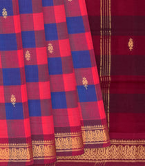 Pink & Blue Handloom Kadapa Cotton Saree With Checks & Zari Butta-Pink