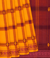 Turmeric Yellow Handloom Kadapa Cotton Saree With Checks-Turmeric Yellow