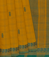 Sage Green Handloom Kadapa Cotton Saree With Checks And Butta-Sage Green