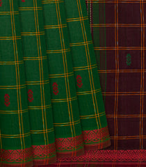 Bottle Green Handloom Kadapa Cotton Saree With Checks-Bottle Green